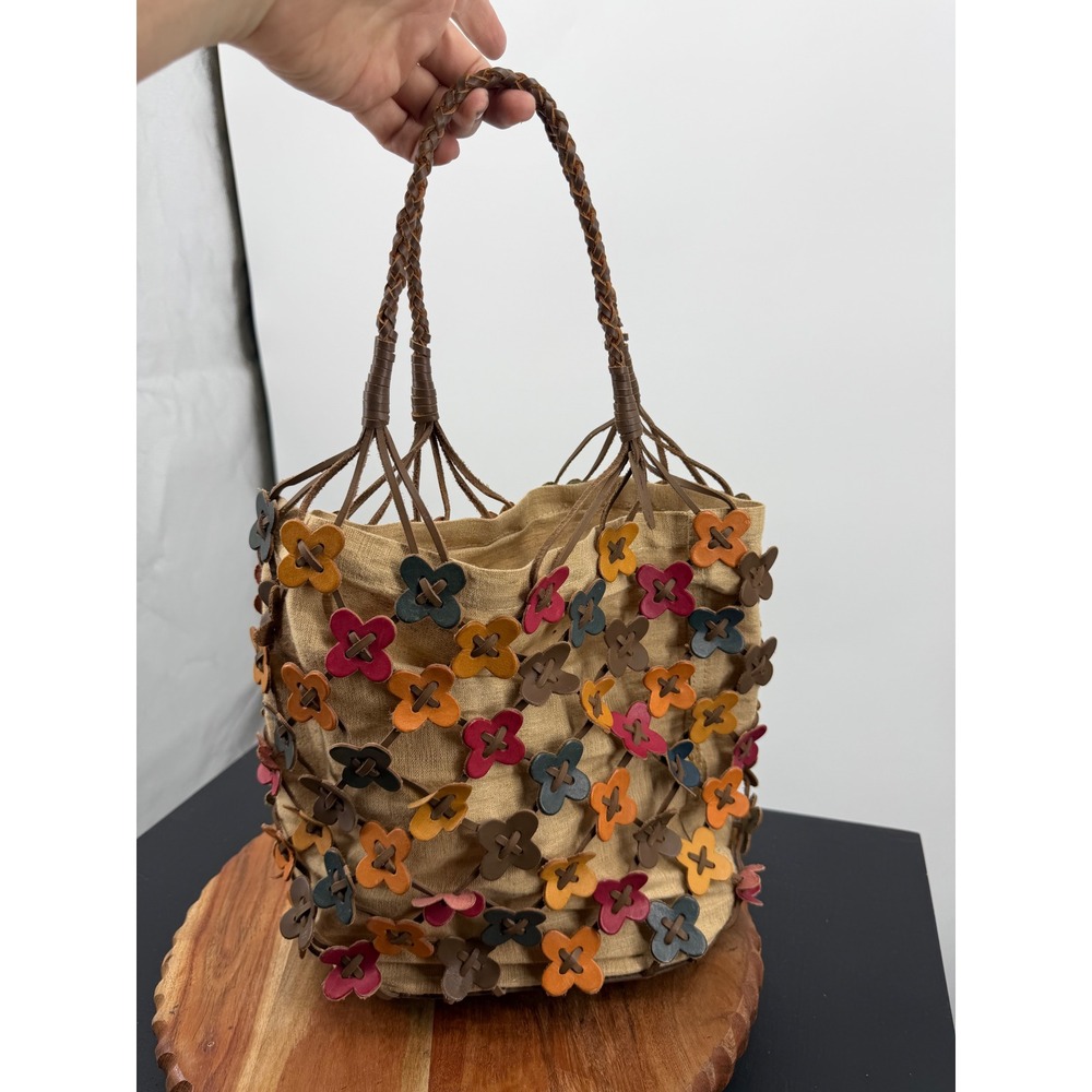 Miss Sixty Floral Leather Woven Bucket Bag Women Small Tan Multicolor Y2K Boho